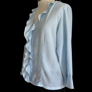 cut · loose Tencel Blouse Blue Ruffles USA M Button Up Tailored 3/4 Sleeve EUC